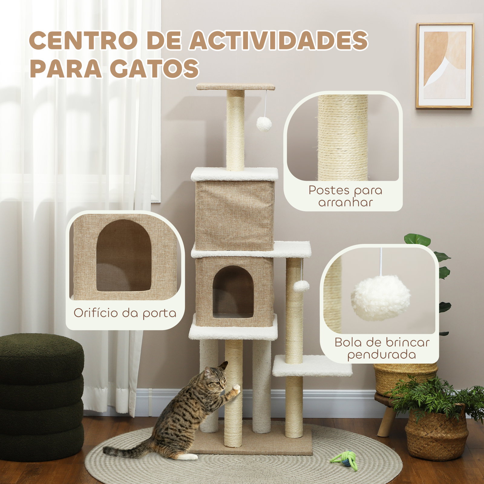 Arranhador para gatos em borrego com 2 cavernas plataformas bolas suspensas e poste de sisal 48x40x140 cm marrom claro