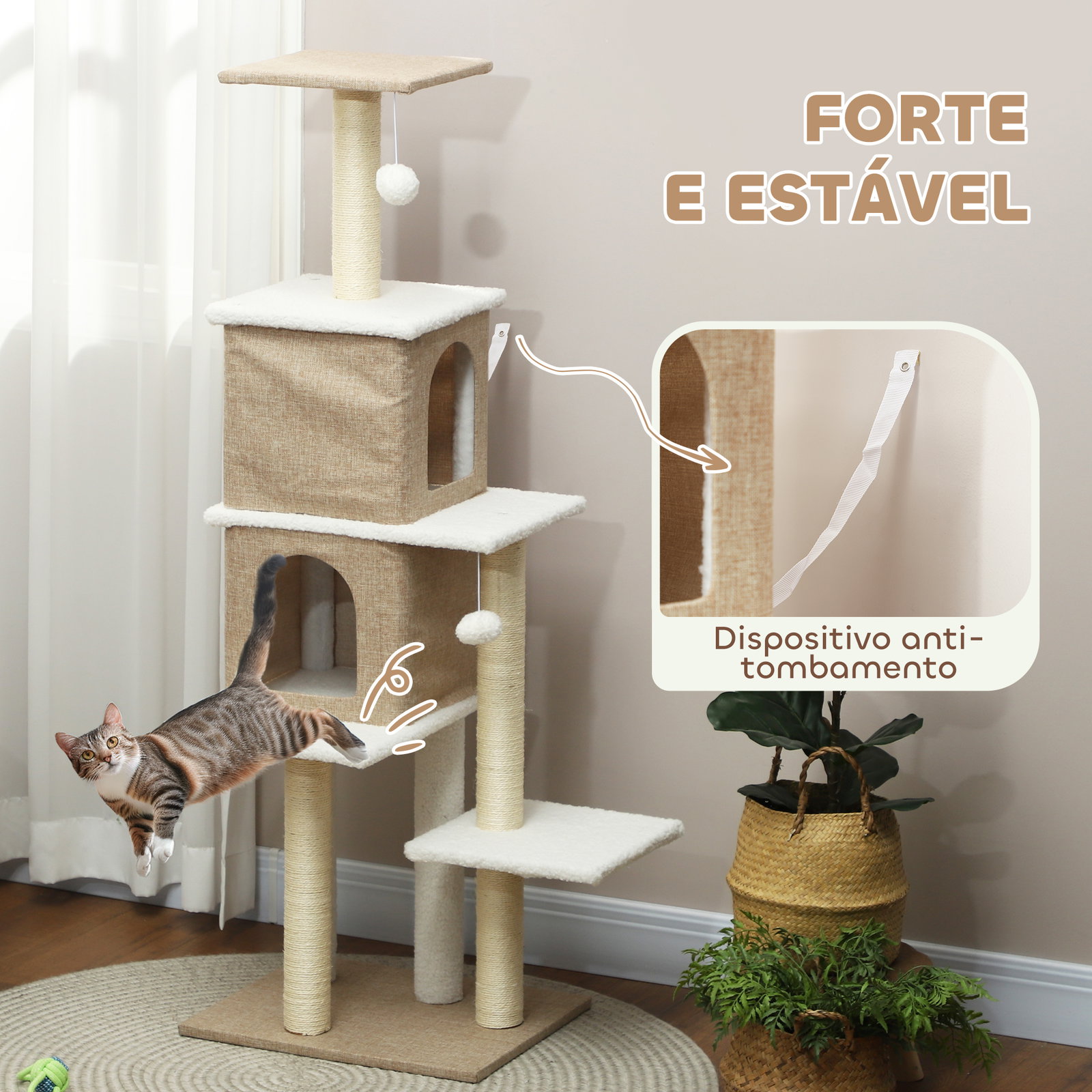 Arranhador para gatos em borrego com 2 cavernas plataformas bolas suspensas e poste de sisal 48x40x140 cm marrom claro