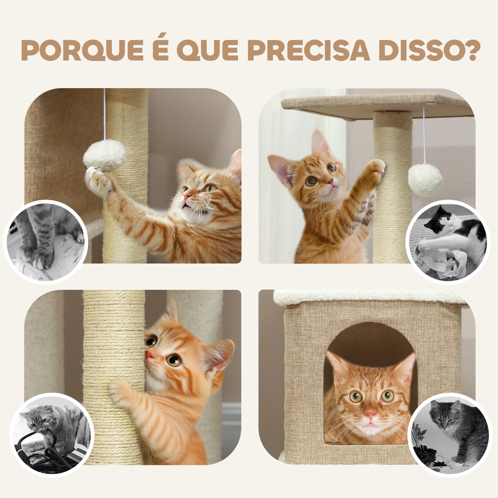 Arranhador para gatos em borrego com 2 cavernas plataformas bolas suspensas e poste de sisal 48x40x140 cm marrom claro