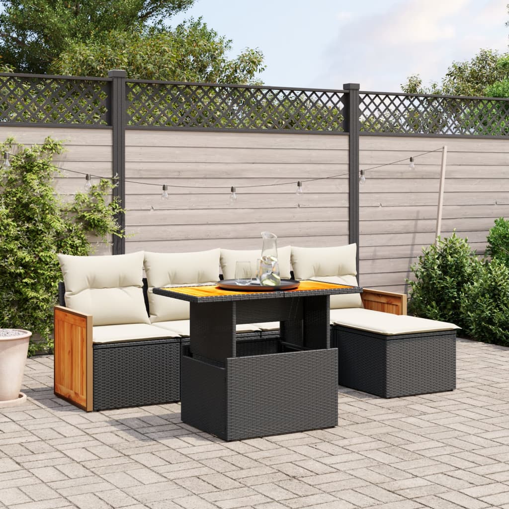 6 Pcs conjunto sofás de jardim c/ almofadões vime PE preto