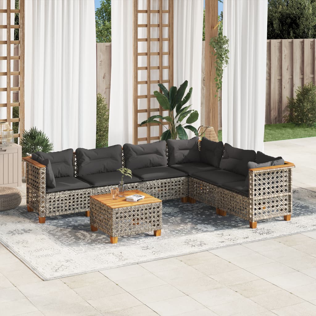 7 Pcs conjunto sofás p/ jardim c/ almofadões vime PE cinzento