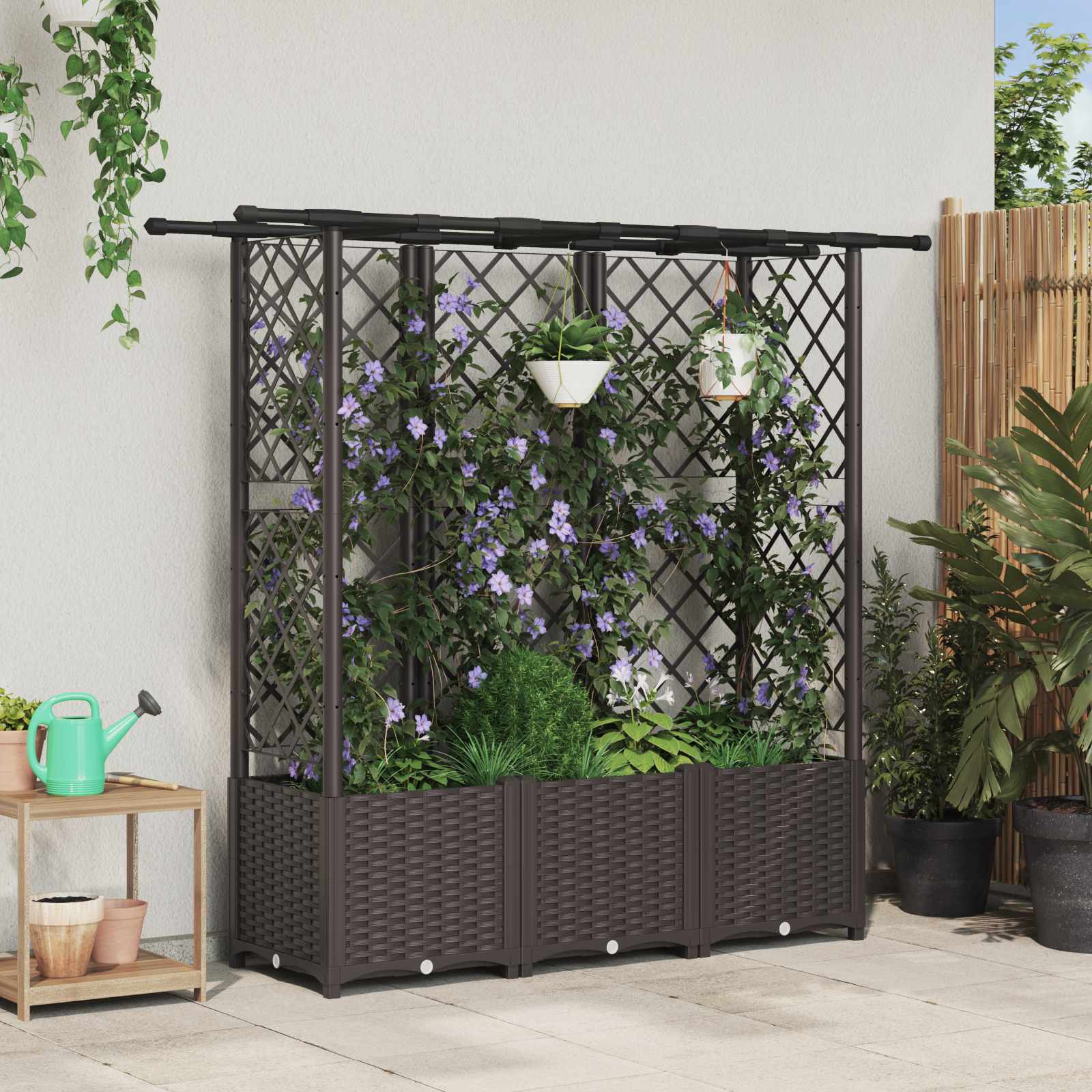 Cama elevada com treliça e telhado castanho 163,5 x 40 x 136 cm