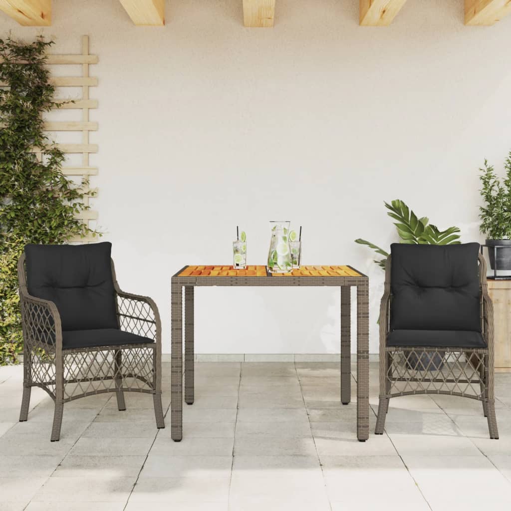 3 Pcs conjunto bistrô com almofadões vime PE cinza