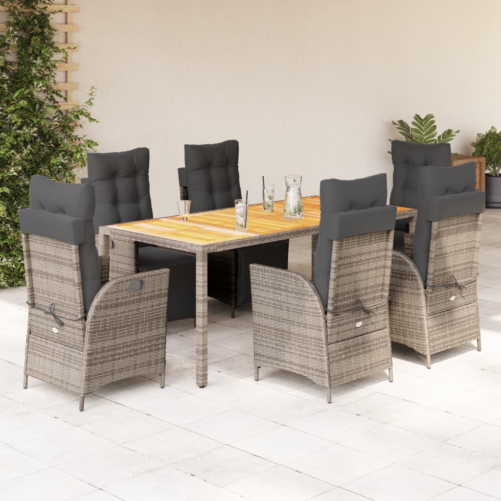 7 Pcs conjunto de jantar p/ jardim c/ almofadões vime PE cinza