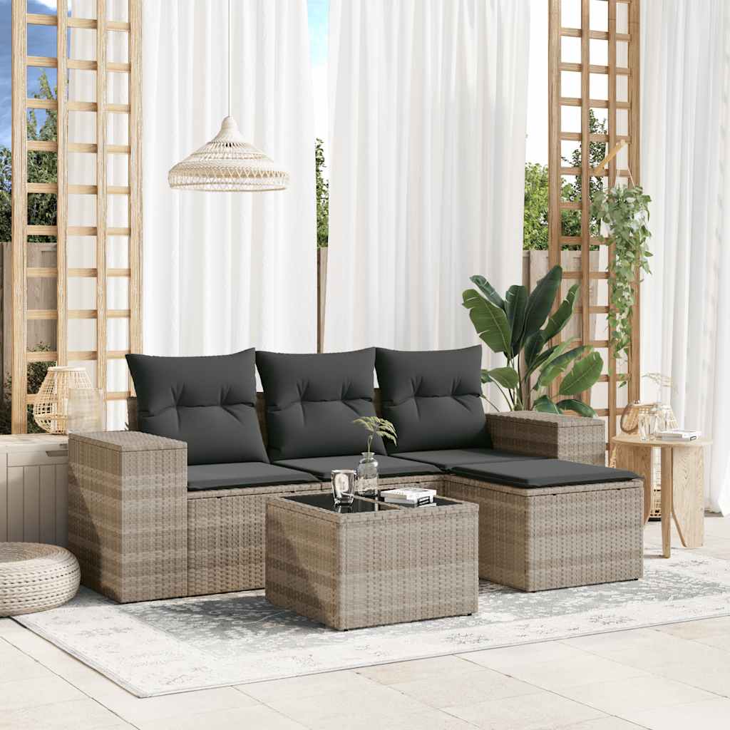 5 Pcs conj. sofás jardim c/ almofadões vime PE cinzento-claro