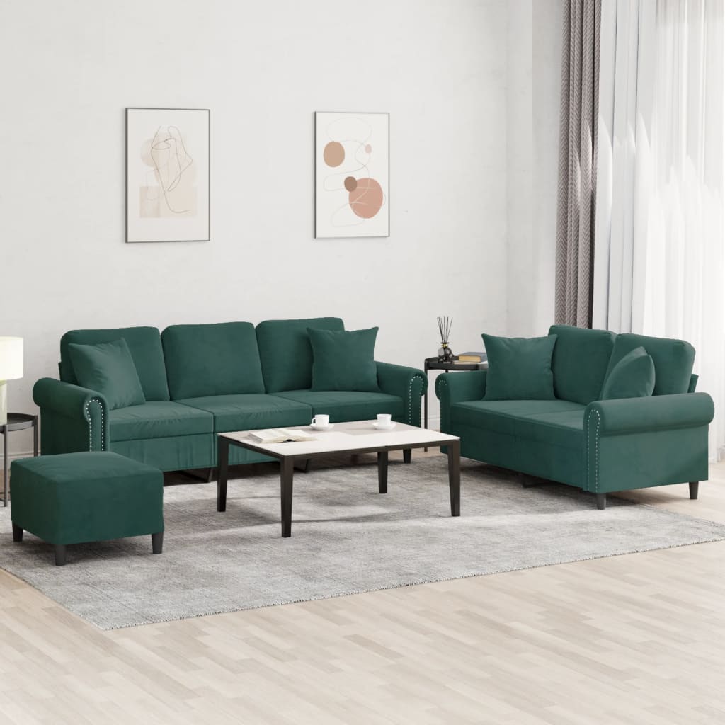 3 Pcs conjunto de sofás com almofadas veludo verde-escuro
