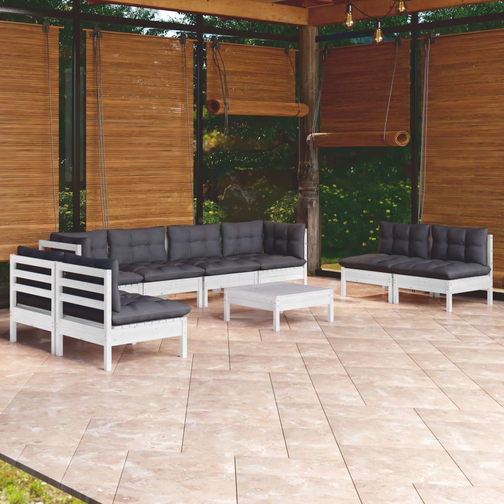 9 Pcs conjunto lounge de jardim c/ almofadões pinho maciço