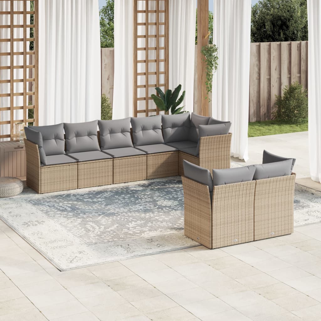 8 Pcs conjunto de sofás p/ jardim com almofadões vime PE bege