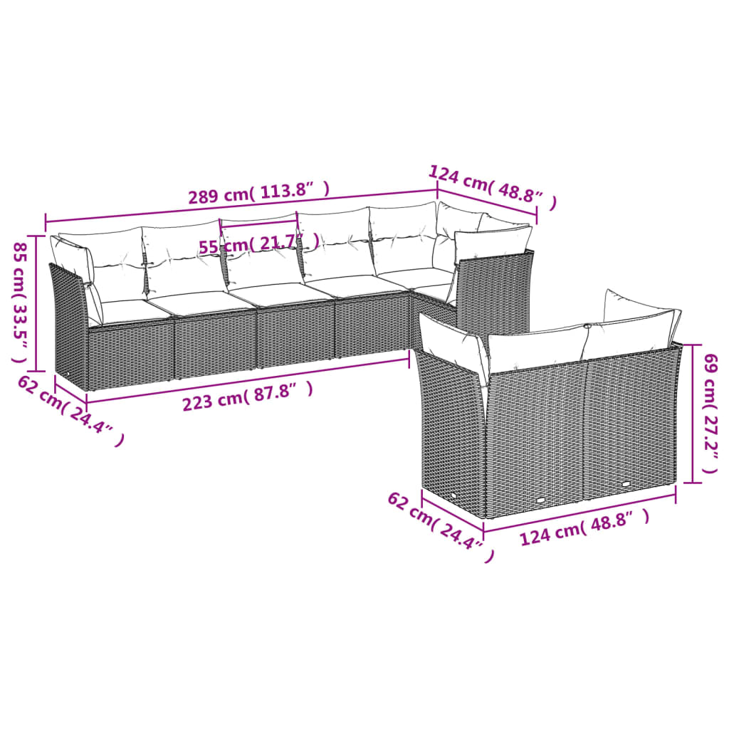 8 Pcs conjunto de sofás p/ jardim com almofadões vime PE bege