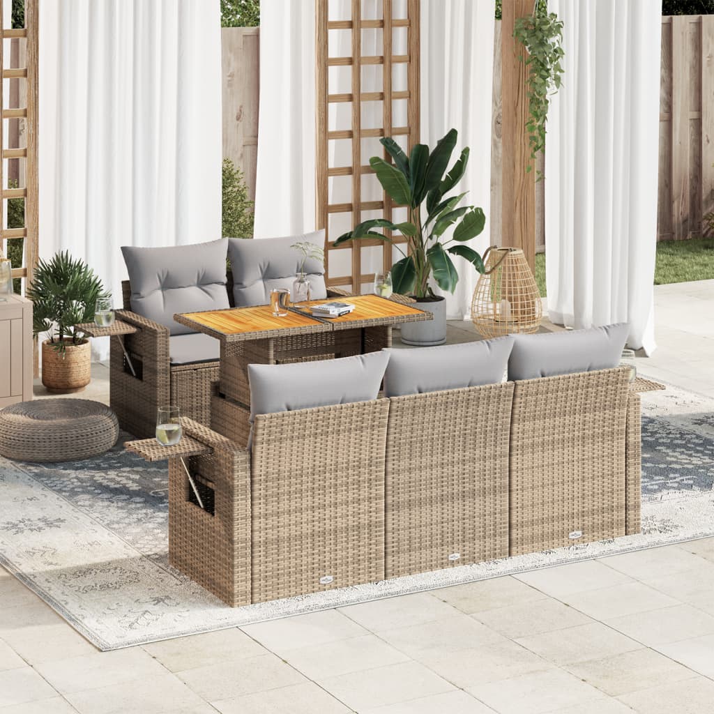 6 Pcs conjunto de sofás p/ jardim com almofadões vime PE bege