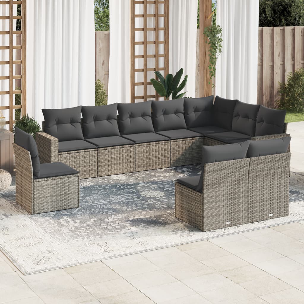 10 Pcs conjunto sofás de jardim c/ almofadões vime PE cinzento