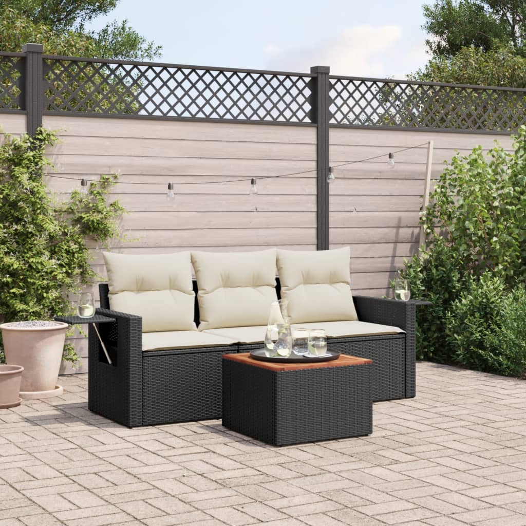 4 Pcs conjunto de sofás para jardim c/ almofadões vime PE preto