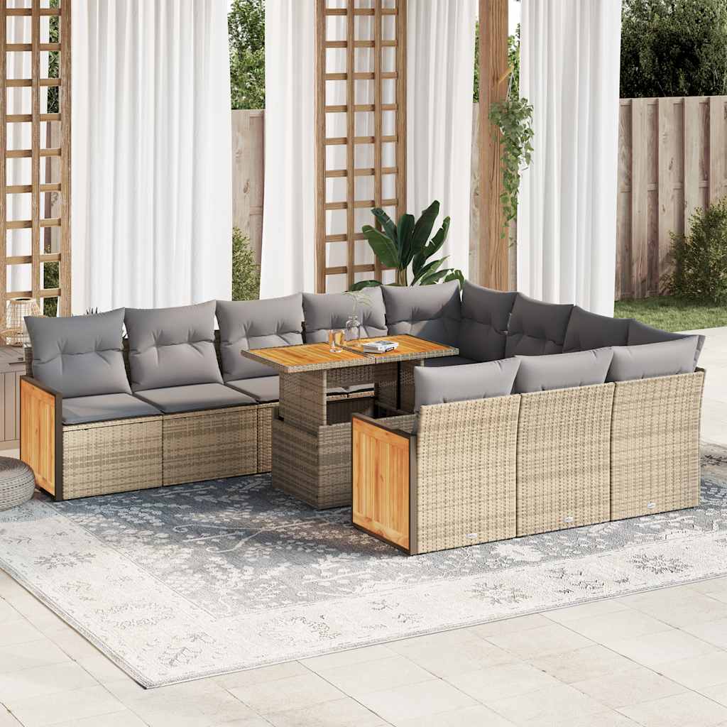 11 Pcs conjunto sofás jardim c/ almofadões vime PE/acácia bege