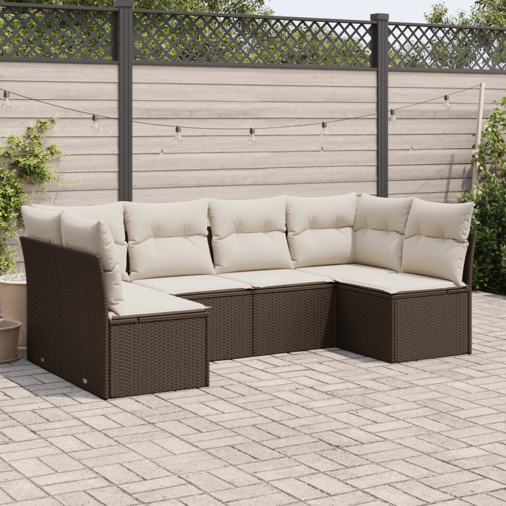 6 Pcs conjunto de sofás jardim c/ almofadões vime PE castanho