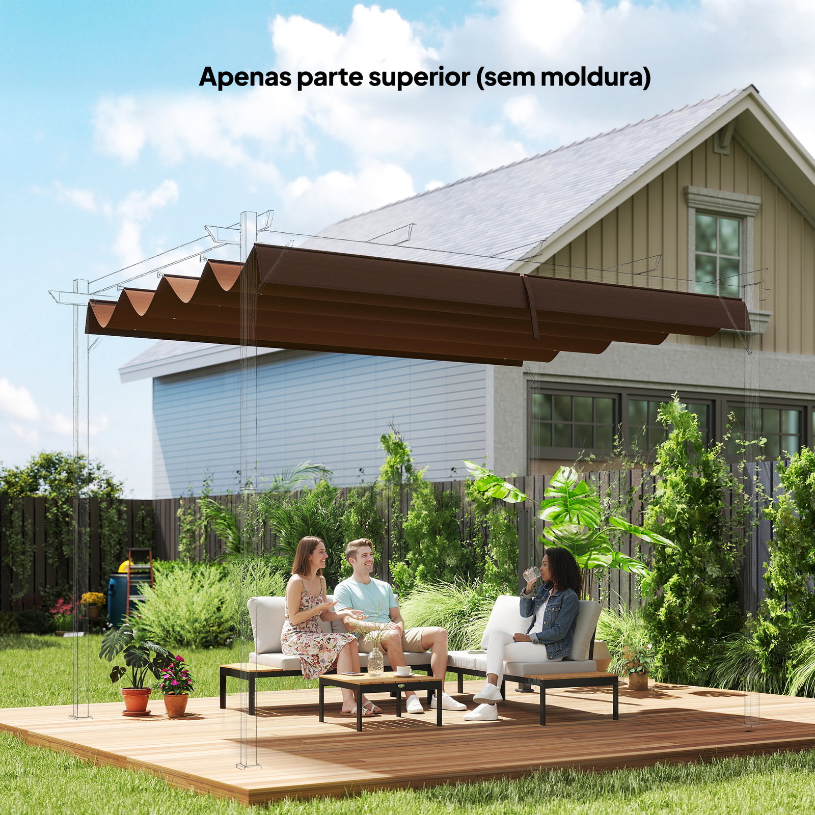 Telhado de reposição retrátil 3x2,5 m para estrutura de 3x2 m tecido apenas para pérgola jardim com 8 orifícios castanho