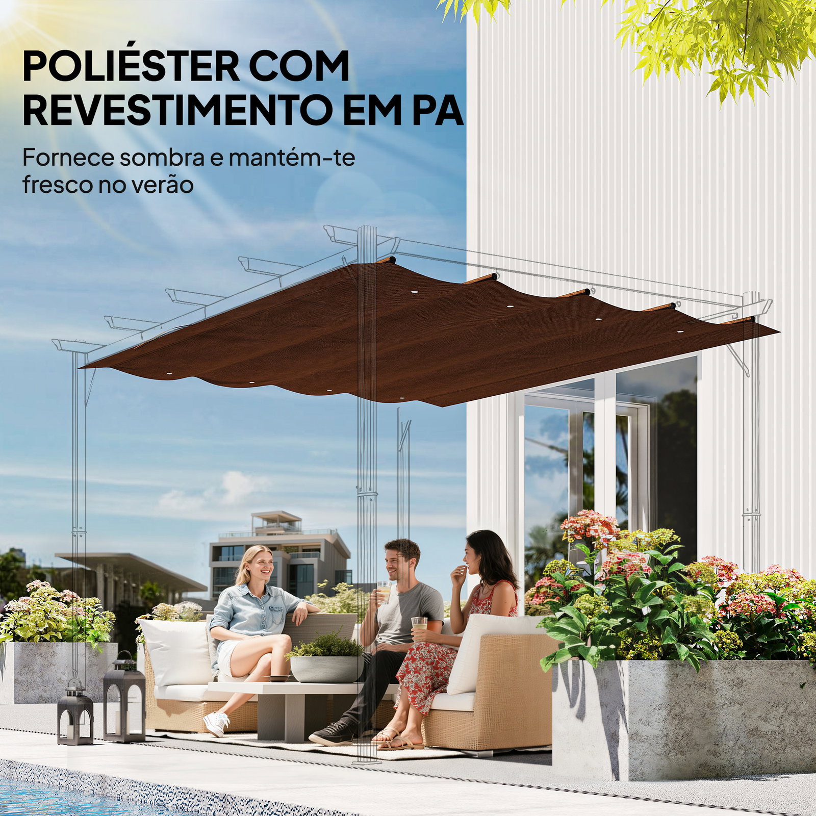 Telhado de reposição retrátil 3x2,5 m para estrutura de 3x2 m tecido apenas para pérgola jardim com 8 orifícios castanho