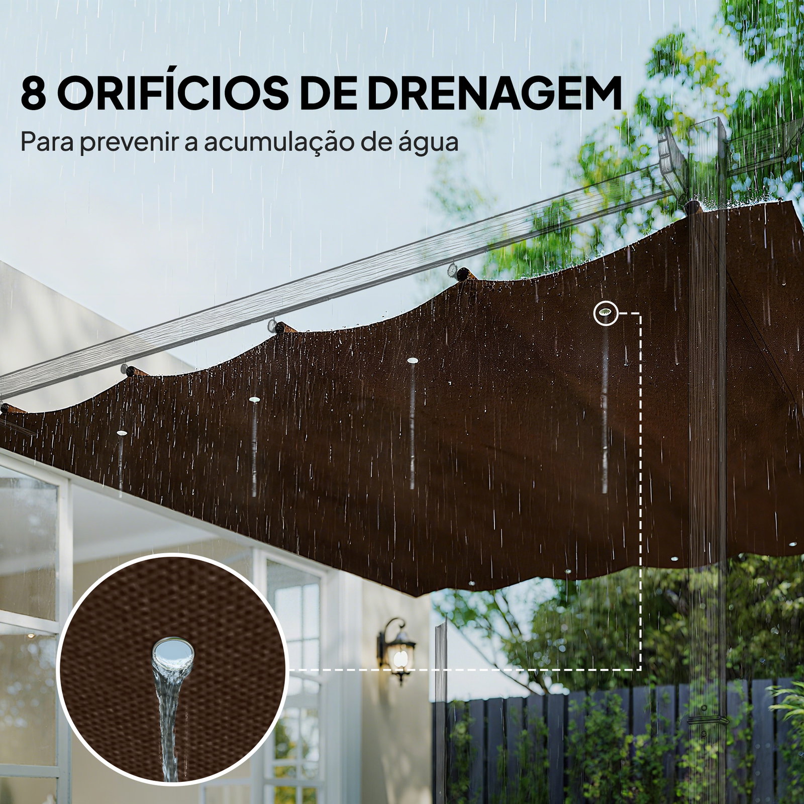 Telhado de reposição retrátil 3x2,5 m para estrutura de 3x2 m tecido apenas para pérgola jardim com 8 orifícios castanho