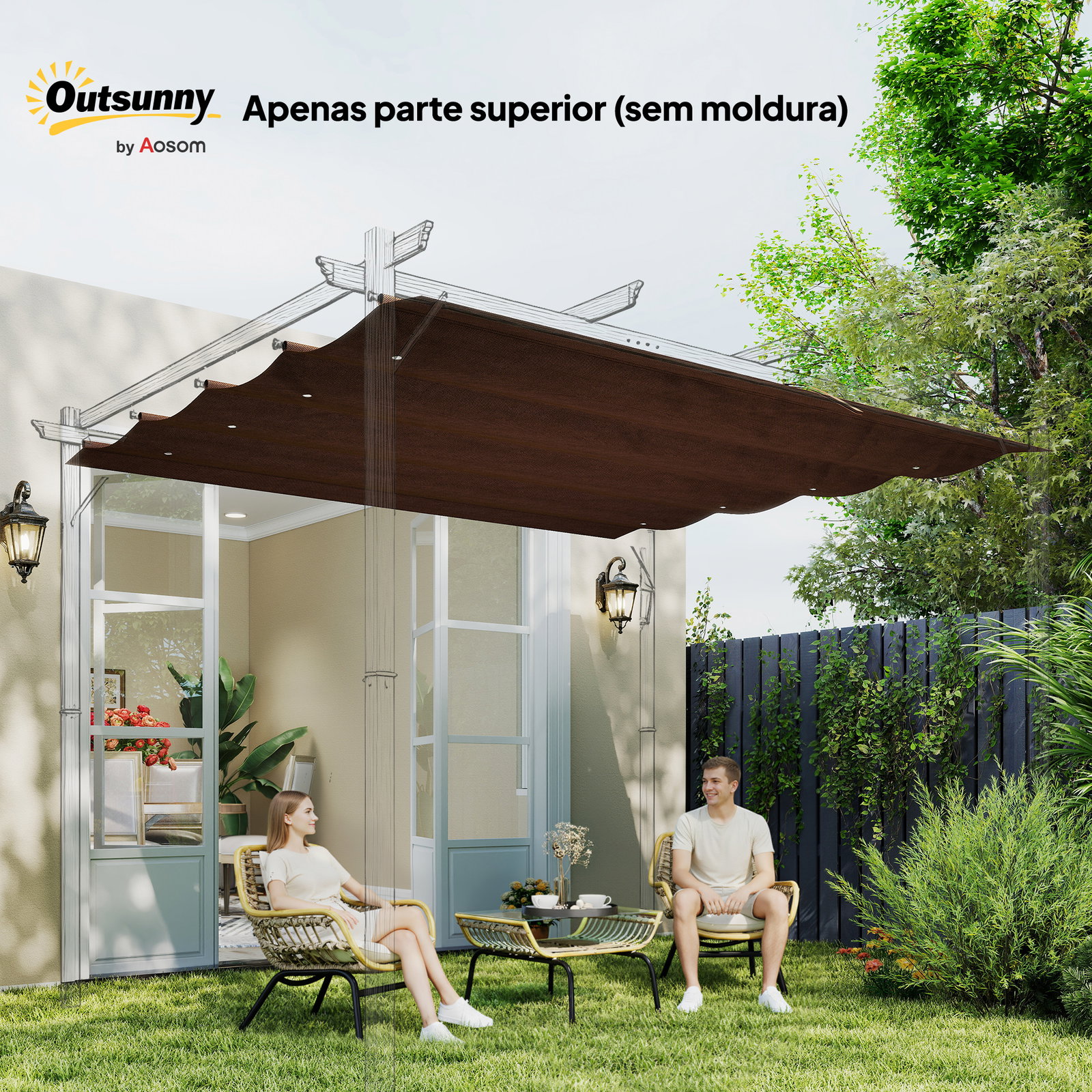 Telhado de reposição retrátil 3x2,5 m para estrutura de 3x2 m tecido apenas para pérgola jardim com 8 orifícios castanho