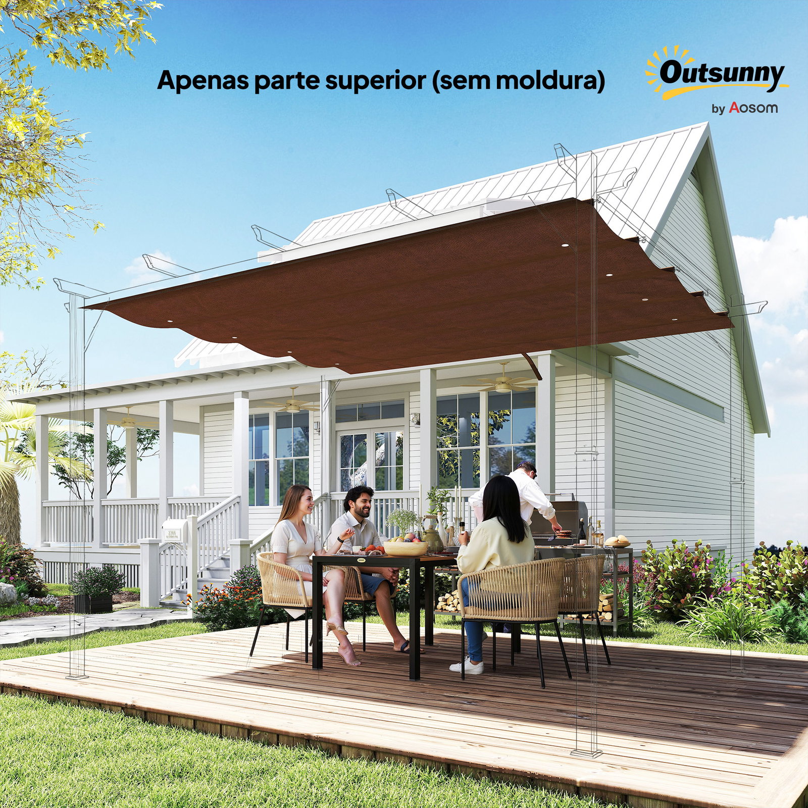 Telhado de reposição retrátil 3x2,5 m para estrutura de 3x2 m tecido apenas para pérgola jardim com 8 orifícios castanho