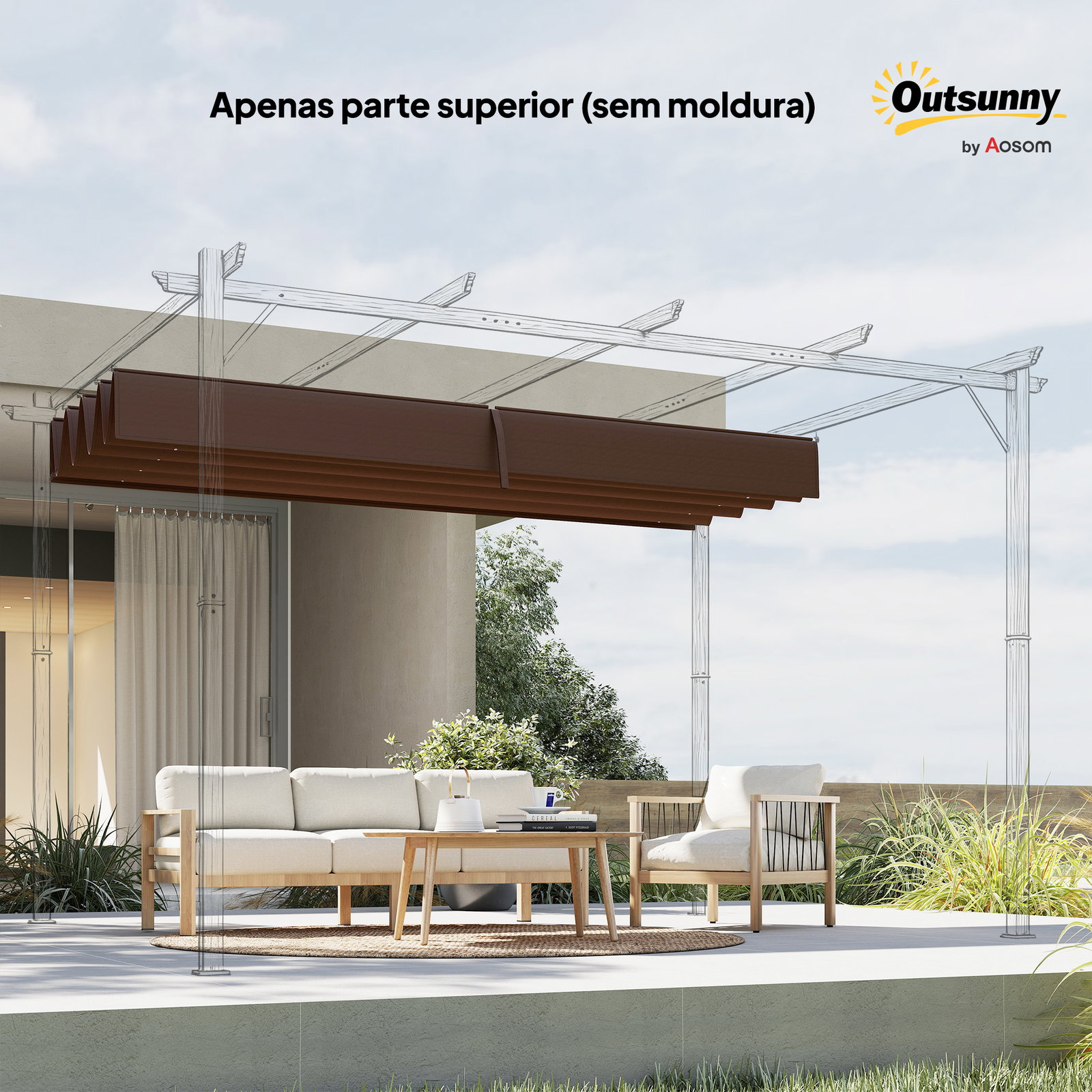 Telhado de reposição retrátil 3x2,5 m para estrutura de 3x2 m tecido apenas para pérgola jardim com 8 orifícios castanho