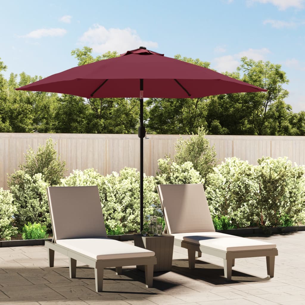 Guarda-sol de jardim c/ luzes LED e poste de aço 300 cm bordô