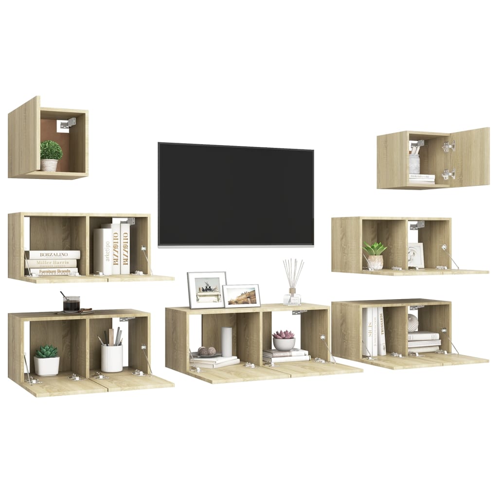7 Pcs conjunto móveis de TV derivados madeira carvalho sonoma