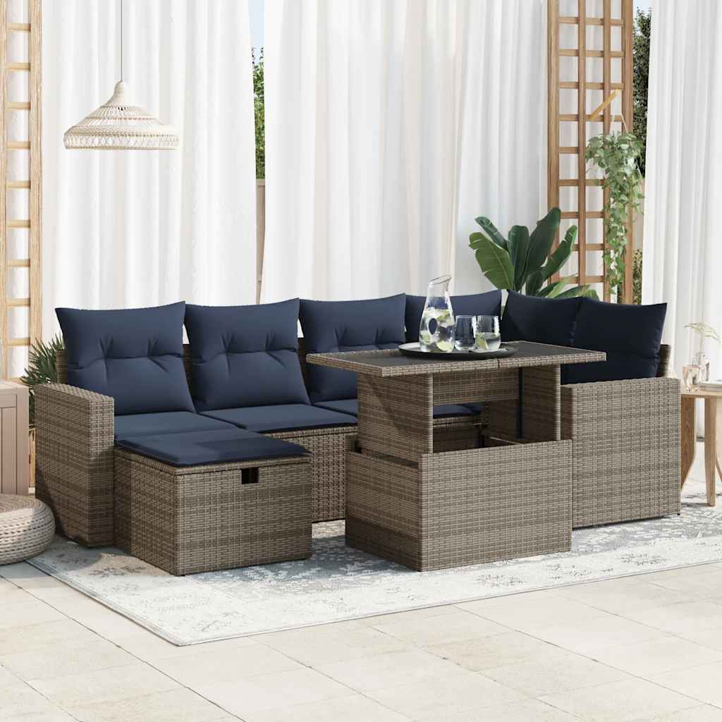7 Pcs conj. sofás jardim c/ almofadões vime PE/acácia cinzento