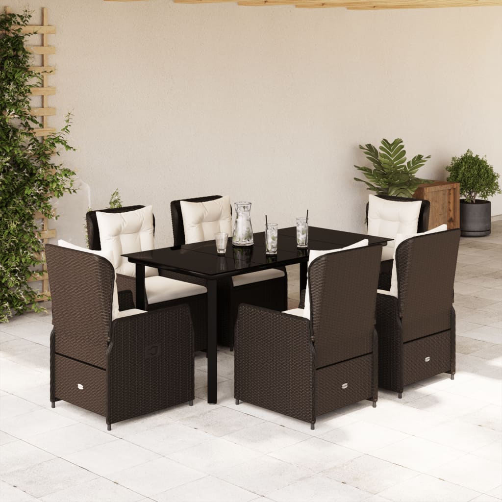 7 Pcs conjunto jantar p/ jardim c/ almofadões vime PE castanho
