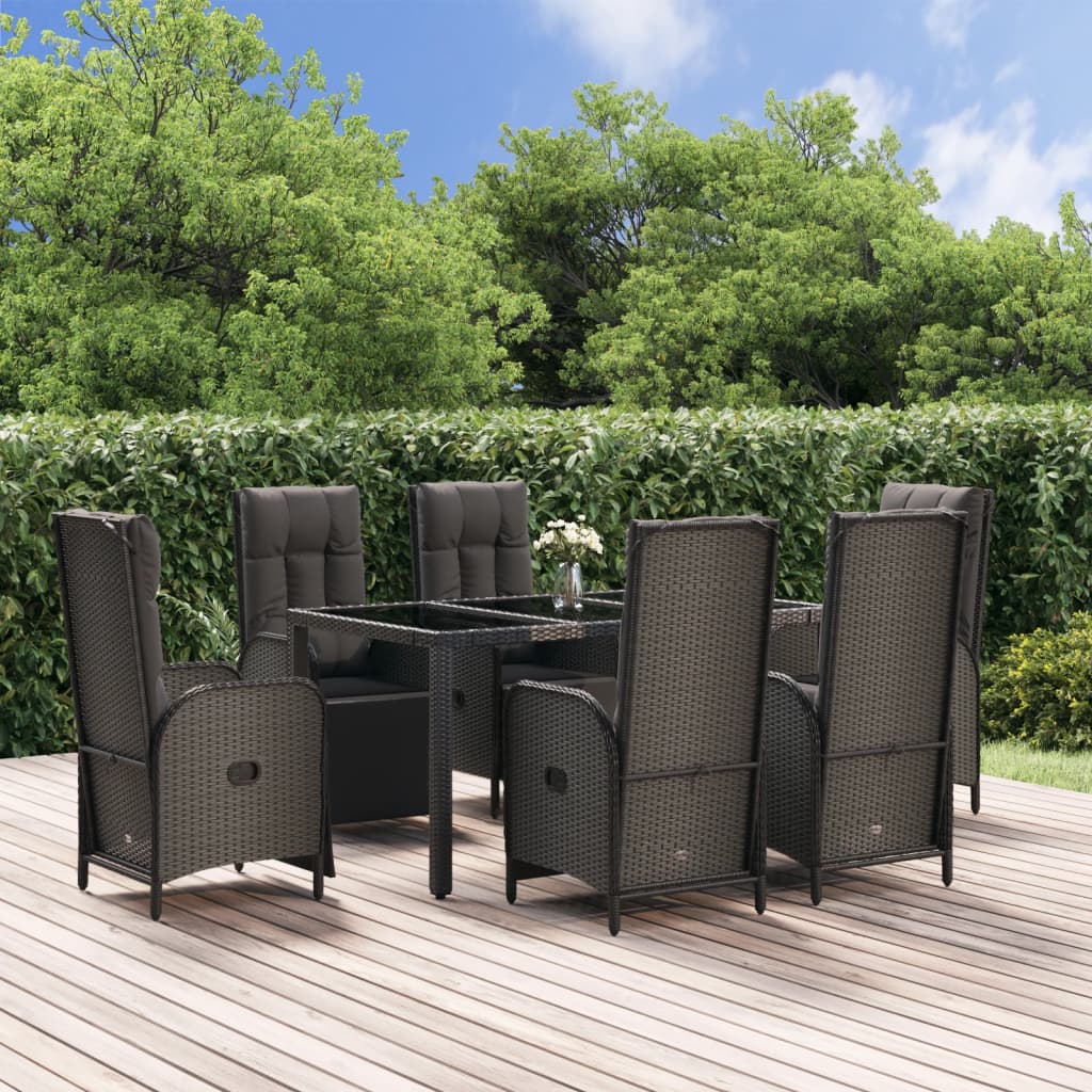 7 Pcs conjunto jantar jardim c/ almofadões vime PE preto/cinza