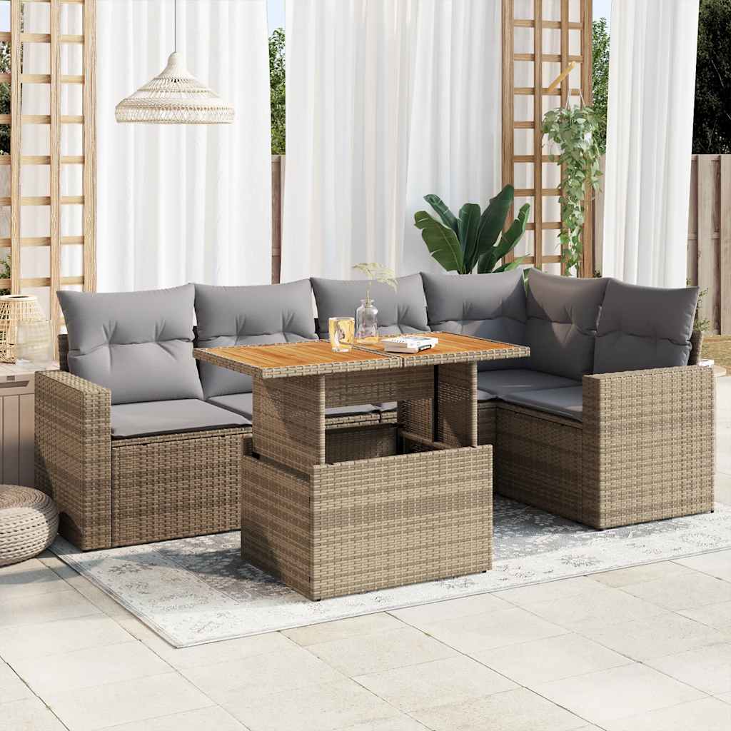 6 Pcs conjunto de sofás p/ jardim com almofadões vime PE bege