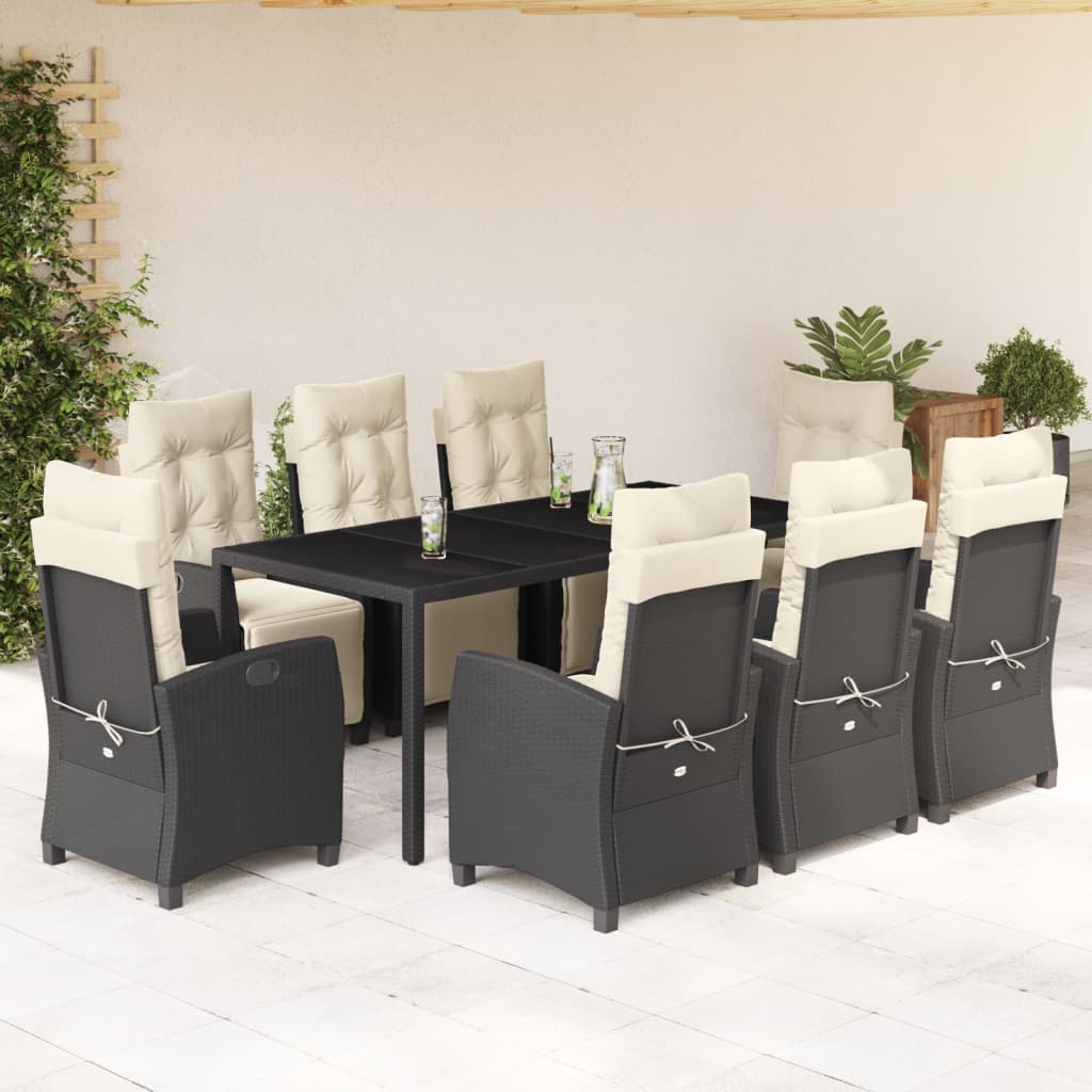 9 Pcs conjunto de jantar p/ jardim c/ almofadões vime PE preto