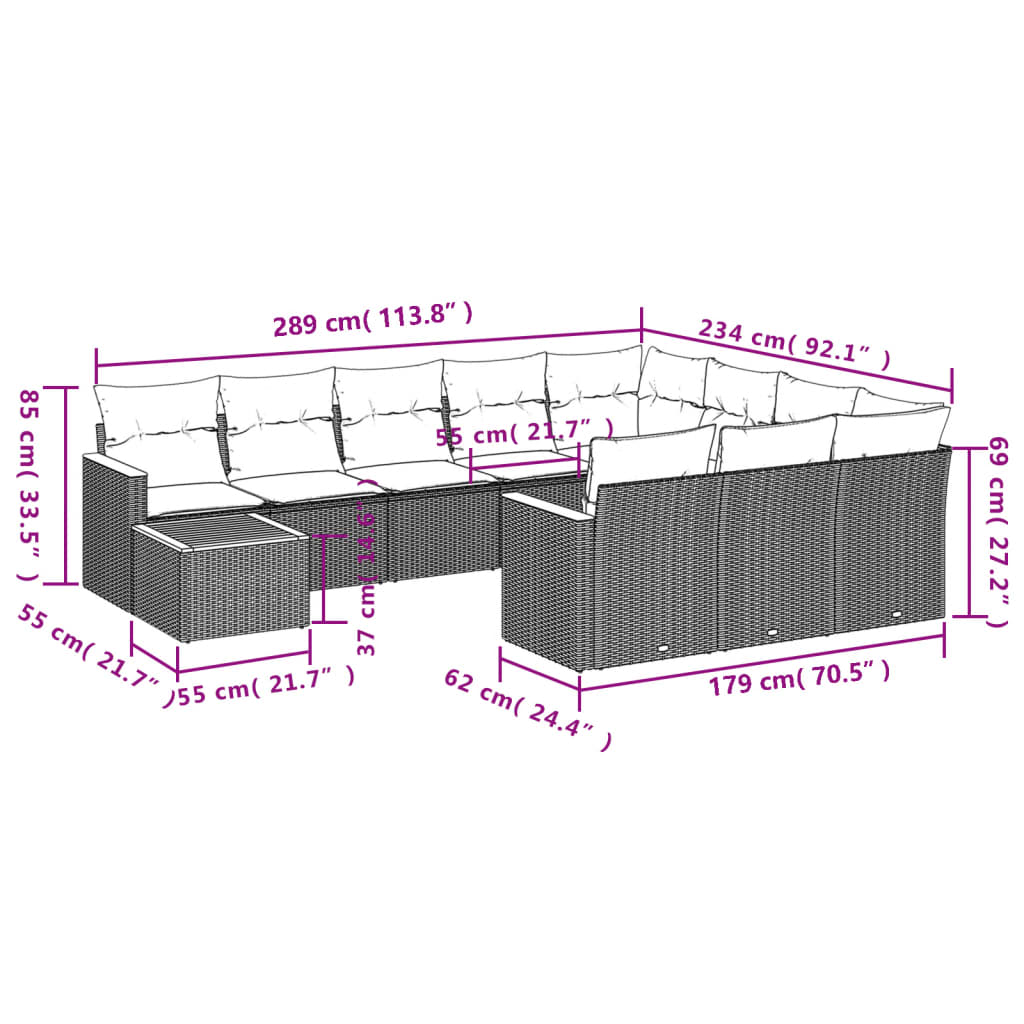 11 Pcs conjunto sofás de jardim c/ almofadões vime PE preto