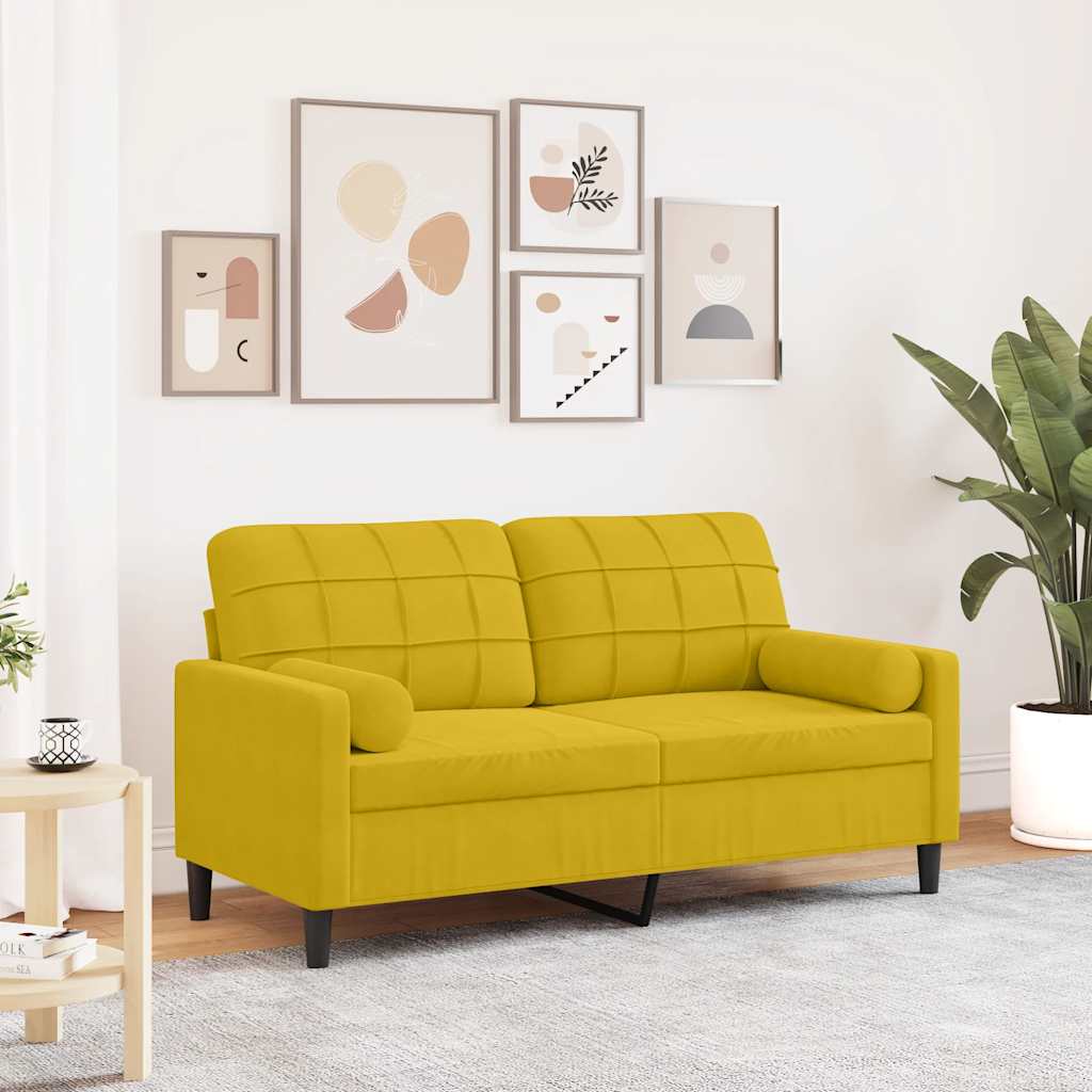 Sofá 2 lugares c/ almofadas decorativas 140 cm veludo amarelo