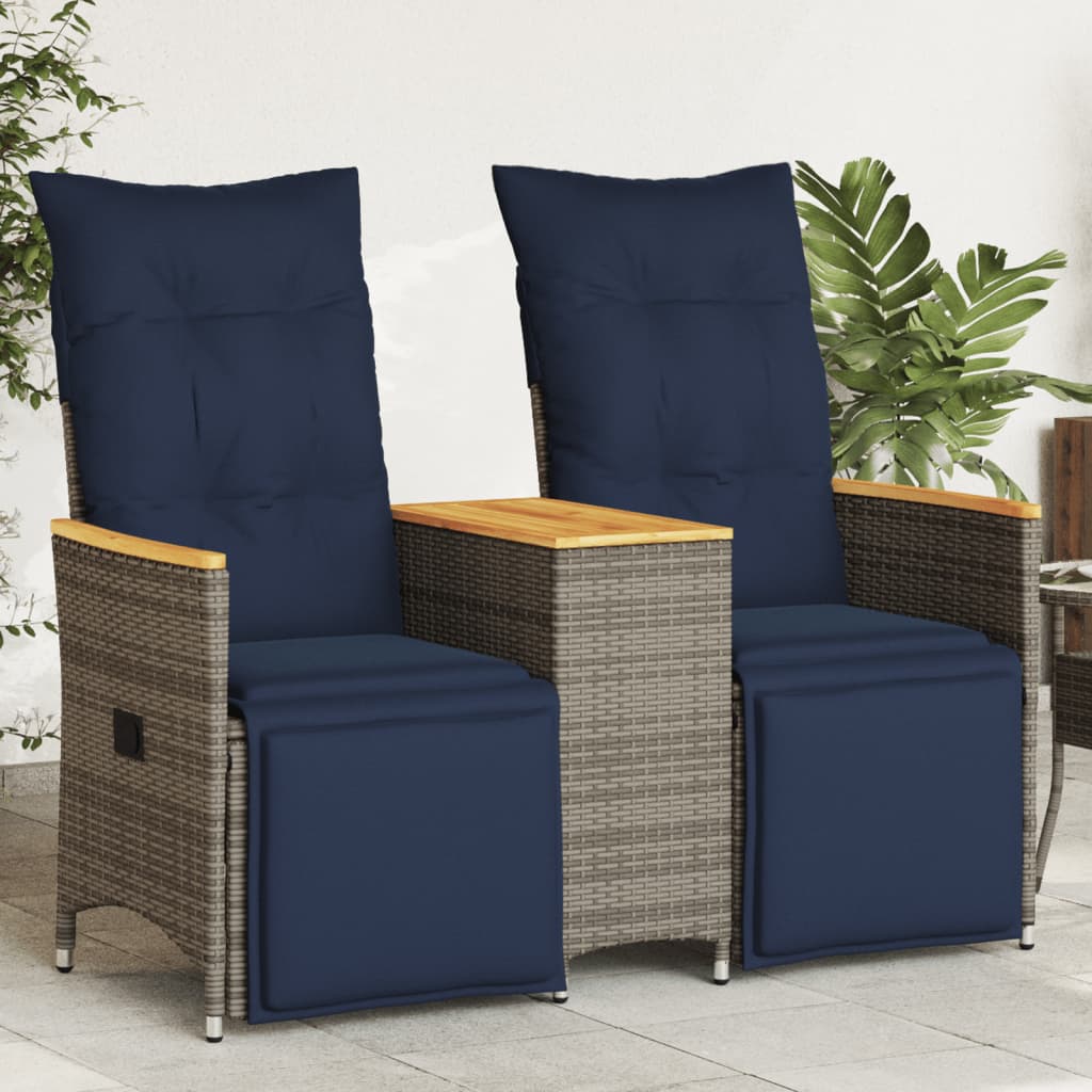Sofá de jardim reclinável de 2 lugares com mesa em vime sintético cinza