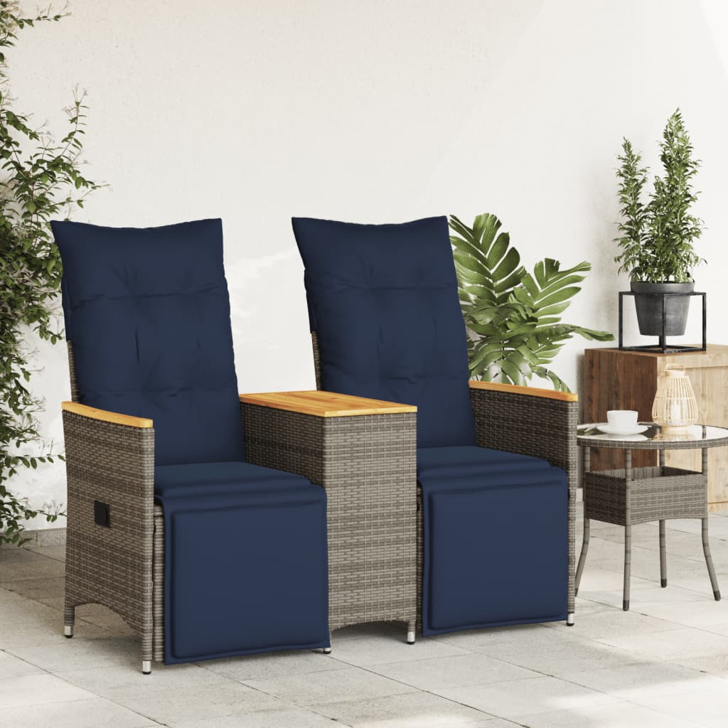 Sofá de jardim reclinável de 2 lugares com mesa em vime sintético cinza