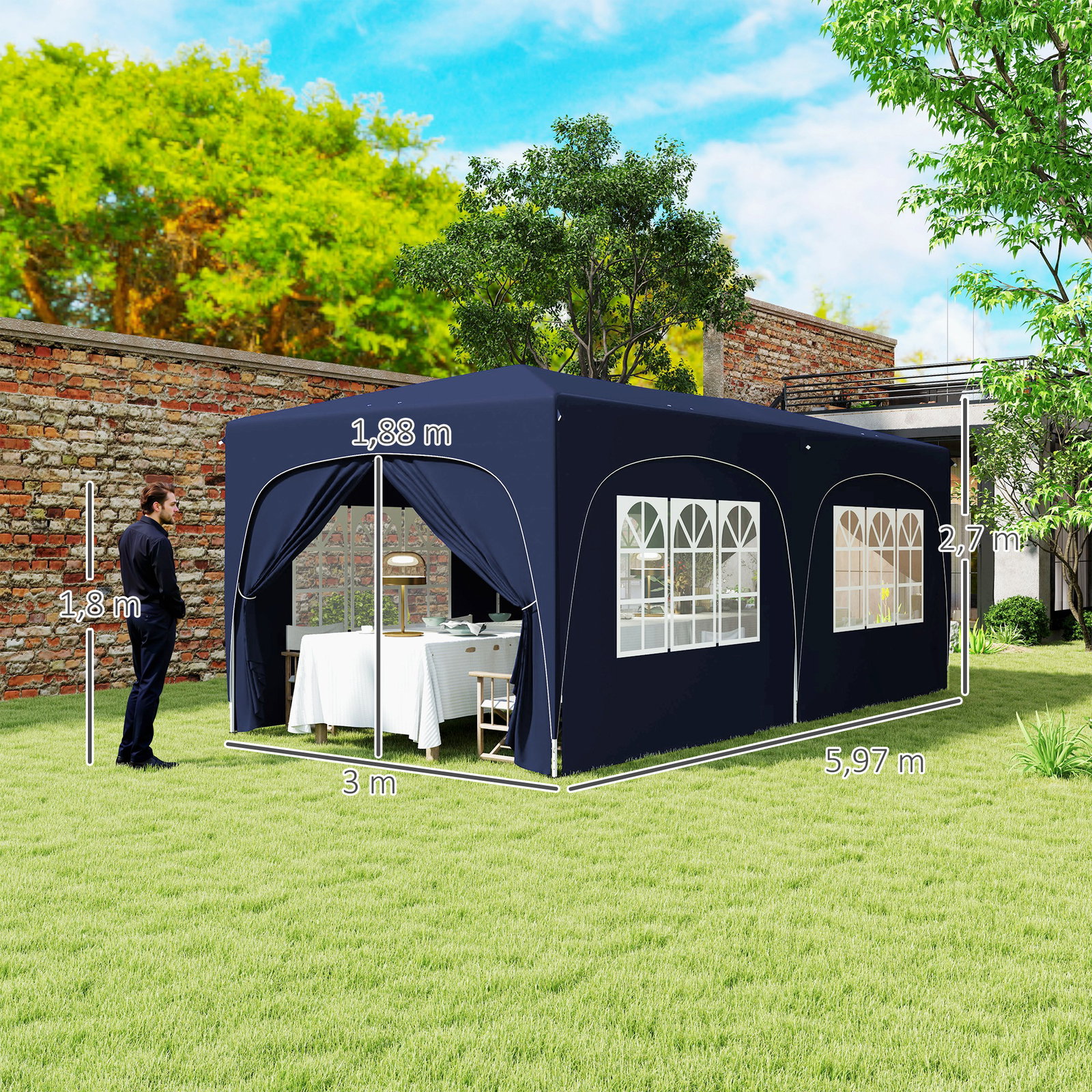 Tenda dobrável 3x6 m com painéis laterais upf50+ tenda de jardim com altura ajustável e bolsa de transporte azul escuro