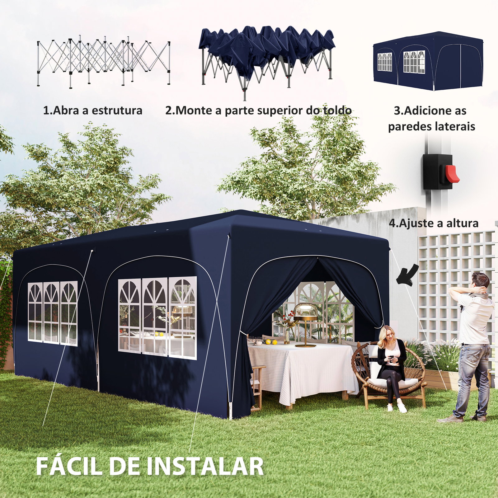 Tenda dobrável 3x6 m com painéis laterais upf50+ tenda de jardim com altura ajustável e bolsa de transporte azul escuro