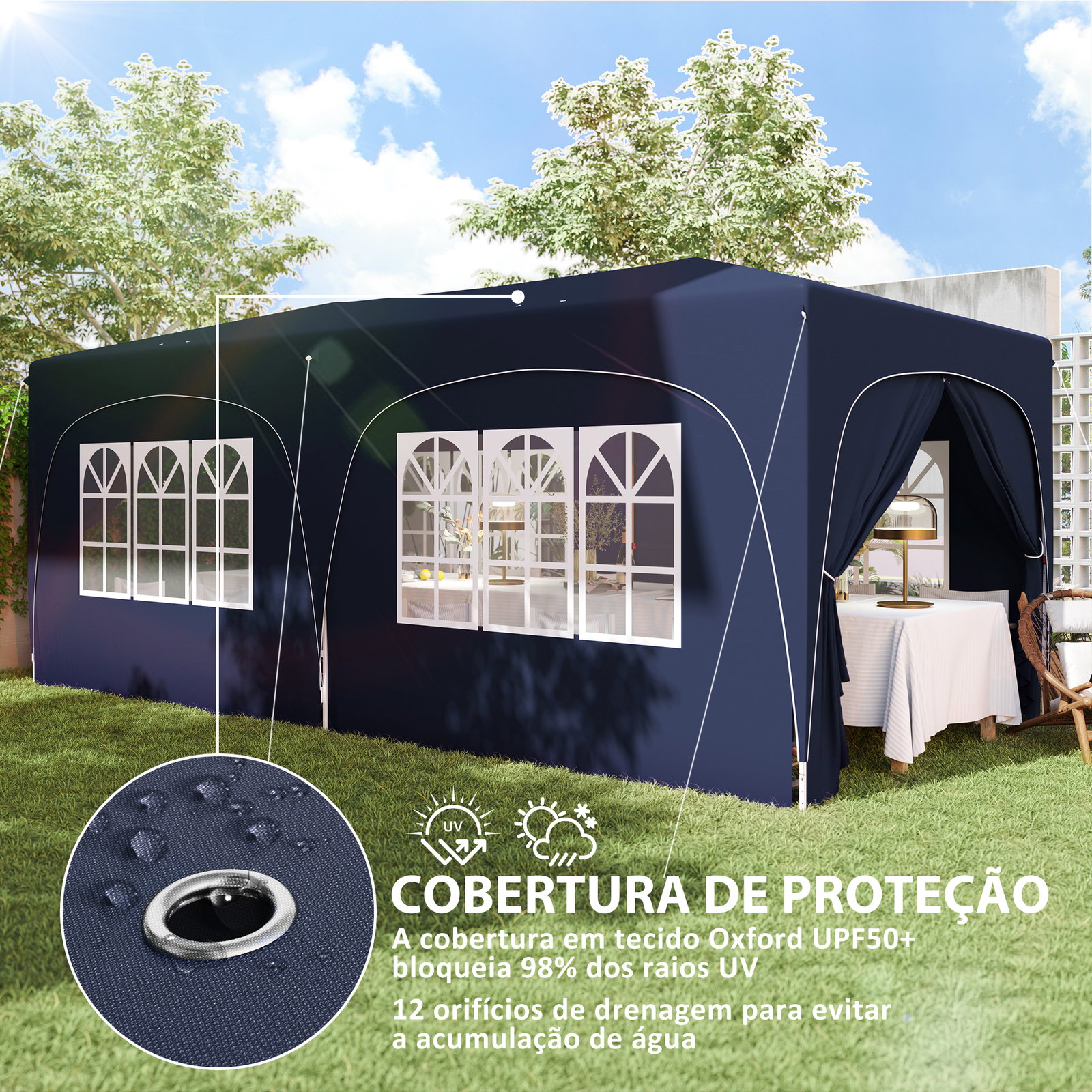 Tenda dobrável 3x6 m com painéis laterais upf50+ tenda de jardim com altura ajustável e bolsa de transporte azul escuro