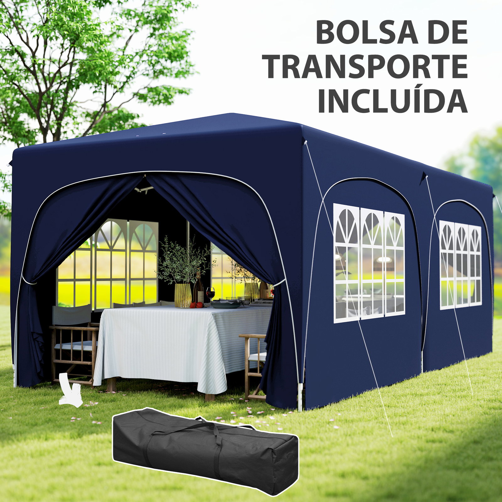 Tenda dobrável 3x6 m com painéis laterais upf50+ tenda de jardim com altura ajustável e bolsa de transporte azul escuro