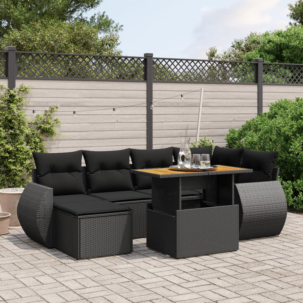 7 Pcs conjunto de sofás p/ jardim c/ almofadões vime PE preto