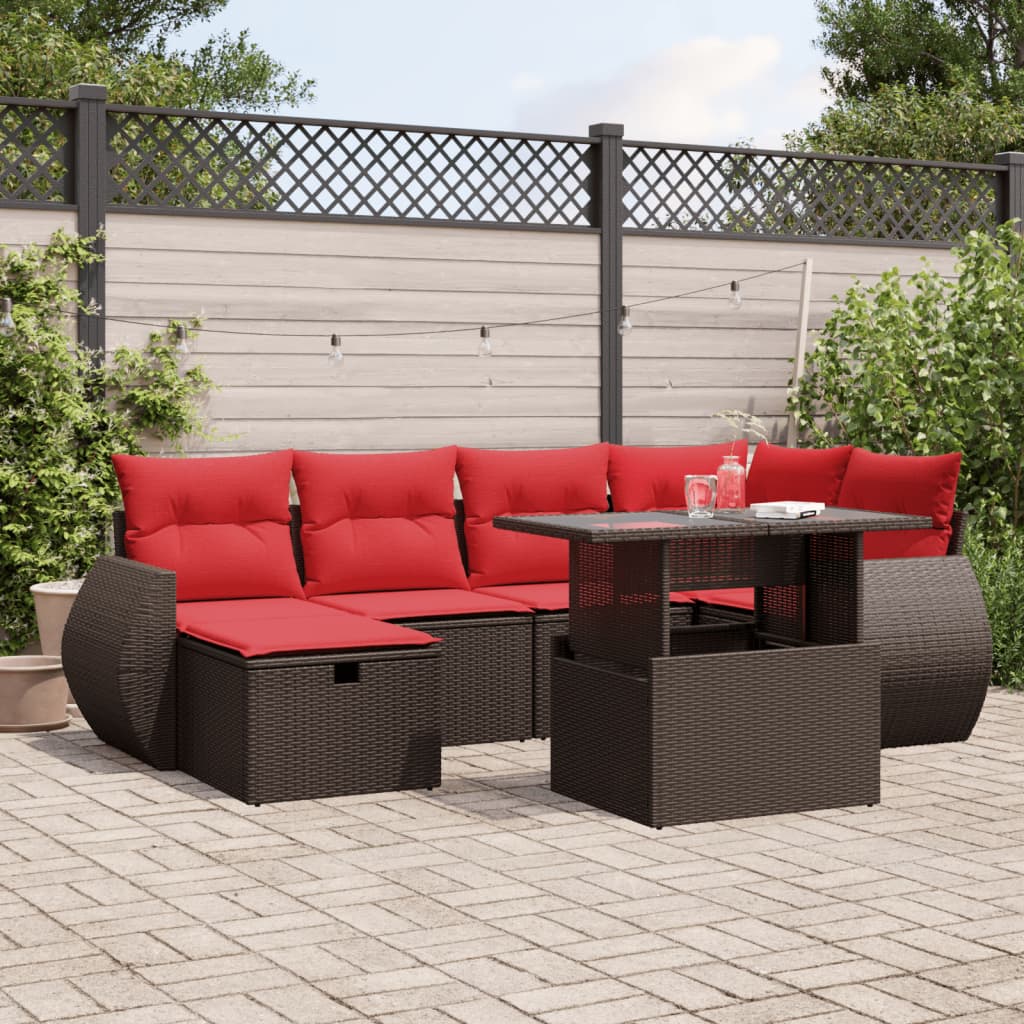 Conjunto de sofá de jardim com 7 peças e almofadas em rattan sintético marrom