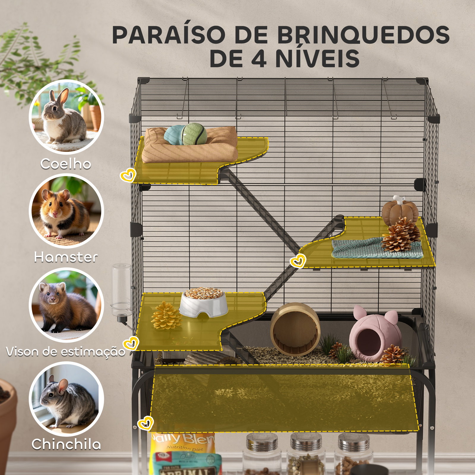 Gaiola para pequenos animais de 4 níveis com bandeja inferior rodas rampas comedouro e bebedouro 73x47x123 cm preto