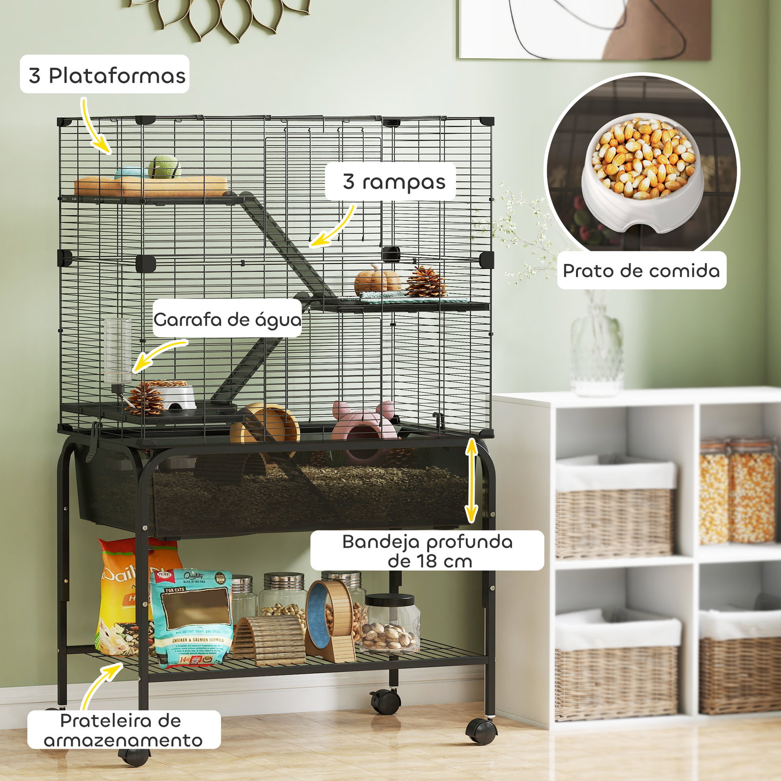 Gaiola para pequenos animais de 4 níveis com bandeja inferior rodas rampas comedouro e bebedouro 73x47x123 cm preto