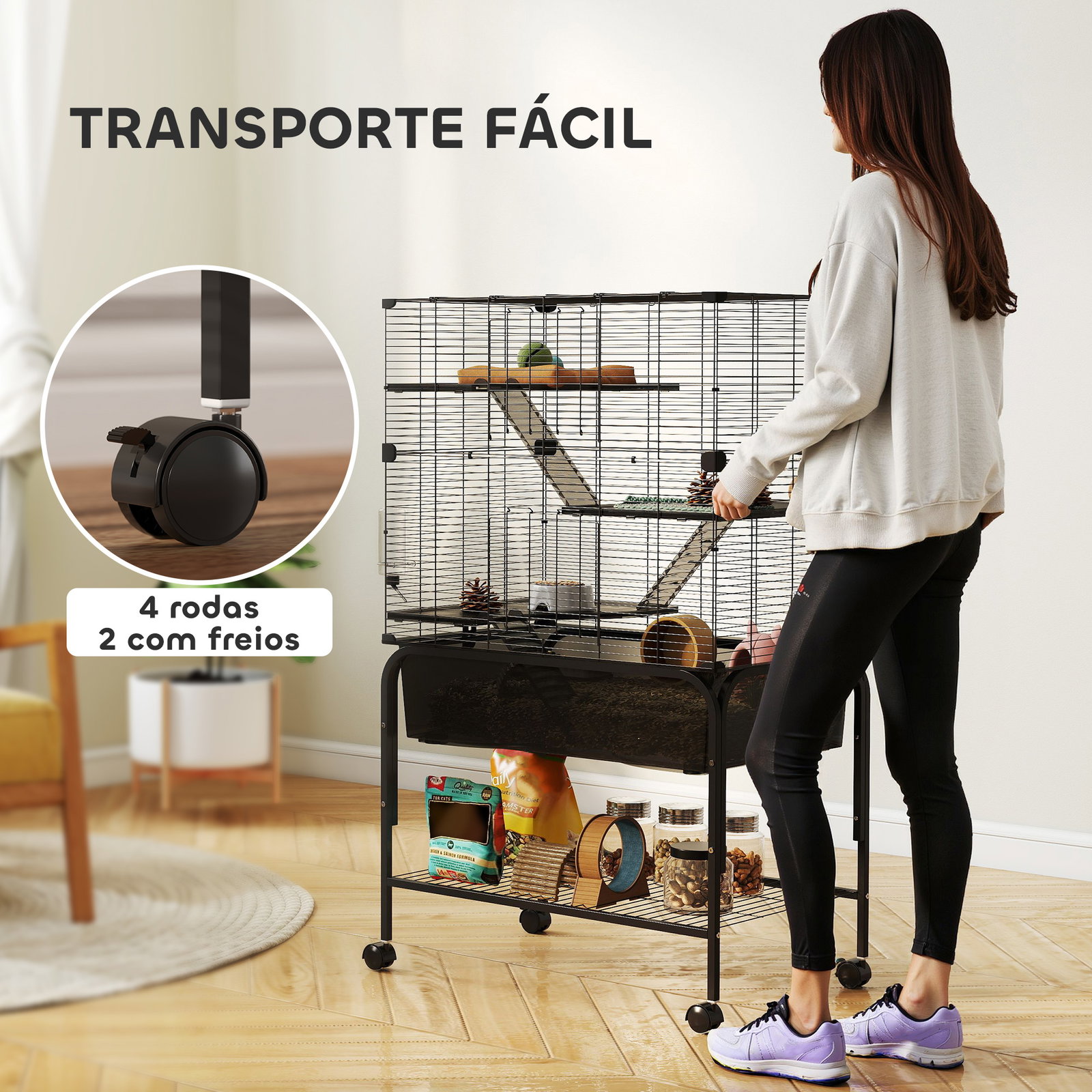 Gaiola para pequenos animais de 4 níveis com bandeja inferior rodas rampas comedouro e bebedouro 73x47x123 cm preto