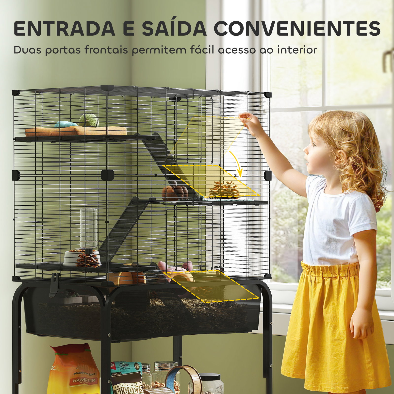 Gaiola para pequenos animais de 4 níveis com bandeja inferior rodas rampas comedouro e bebedouro 73x47x123 cm preto