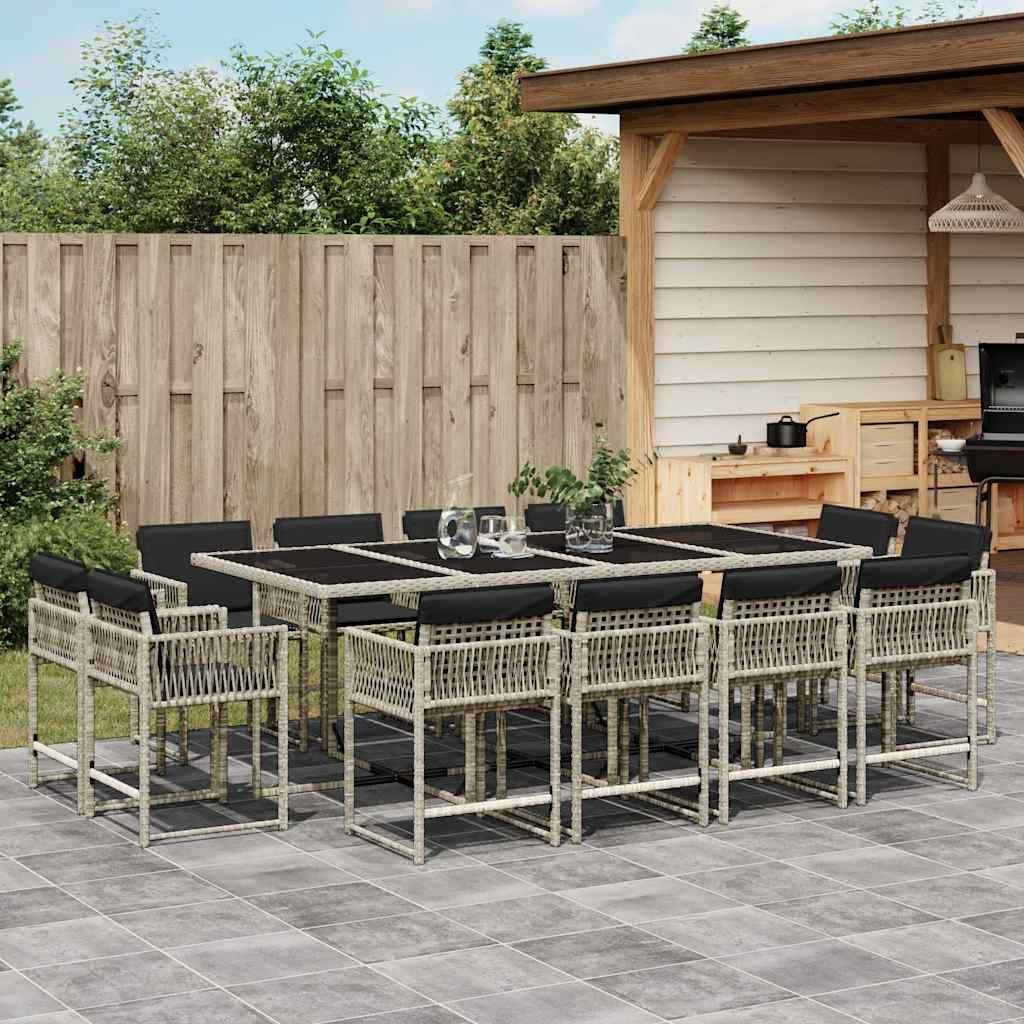 13 Pcs conj. jantar jardim c/ almofadões vime PE cinzento-claro