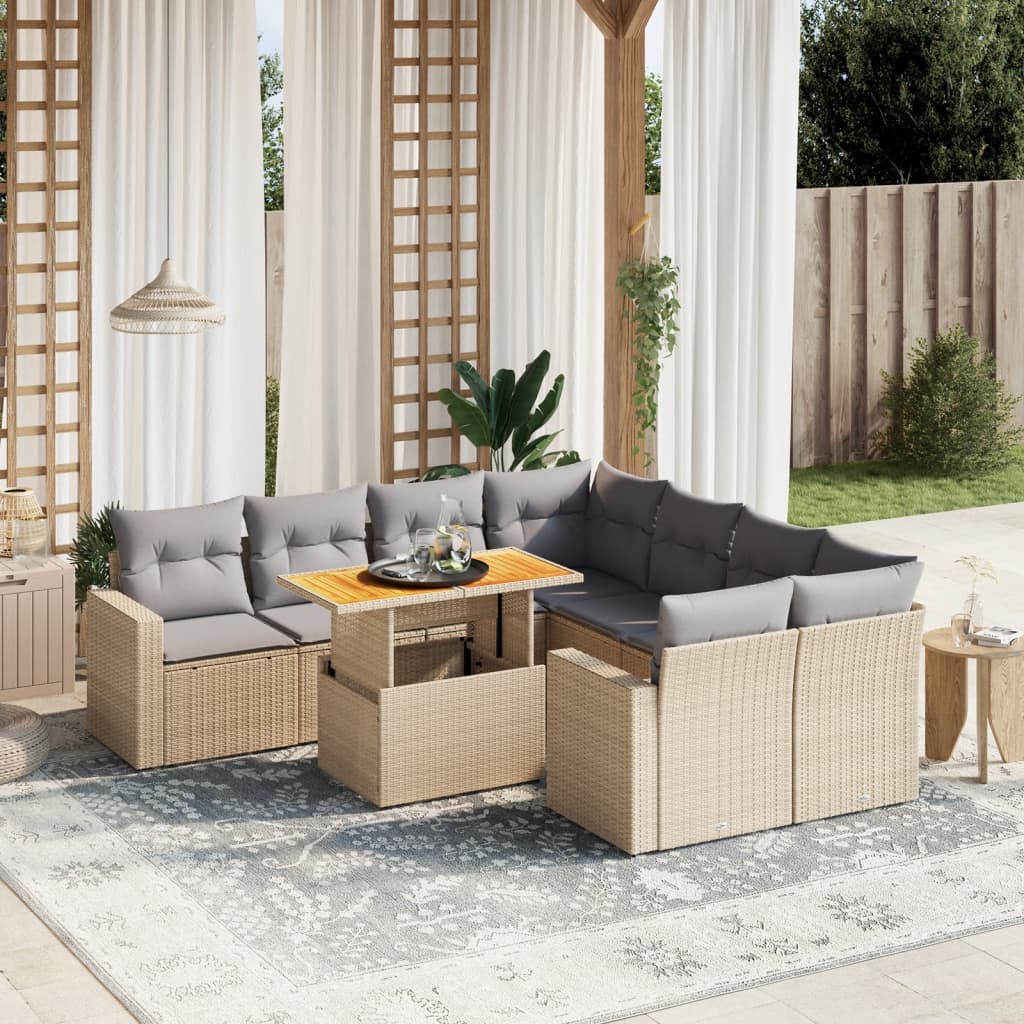 9 Pcs conjunto de sofás p/ jardim com almofadões vime PE bege
