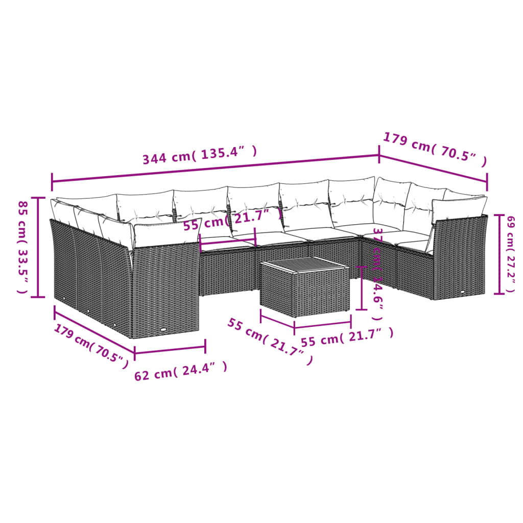 11 Pcs conjunto sofás de jardim c/ almofadões vime PE cinzento