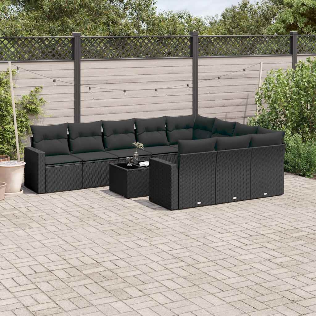 11 Pcs conjunto sofás de jardim c/ almofadões vime PE preto