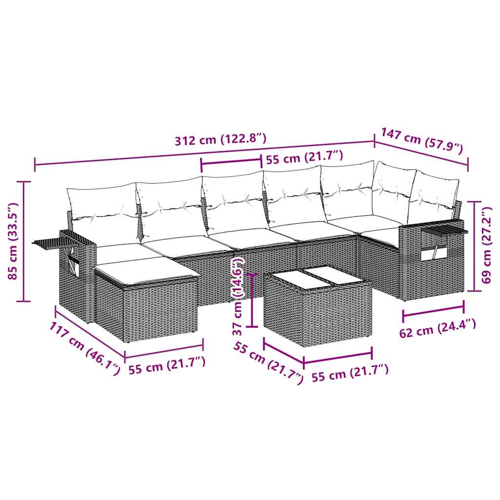 8 Pcs conjunto sofás de jardim com almofadões vime PE preto
